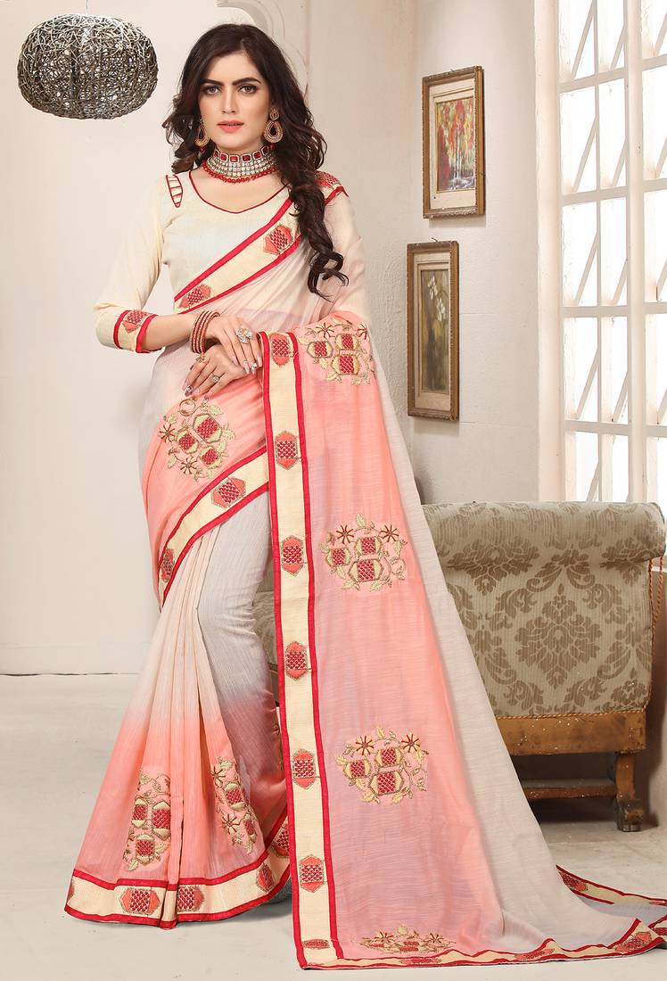 Peach cream zari resham embroidered work cotton silk saree for women
