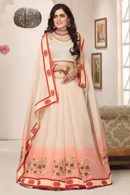 Peach cream zari resham embroidered work cotton silk saree for women 2