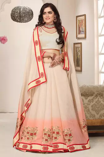 Peach cream zari resham embroidered work cotton silk saree for women