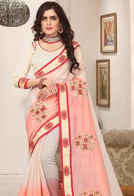 Peach cream zari resham embroidered work cotton silk saree for women 3