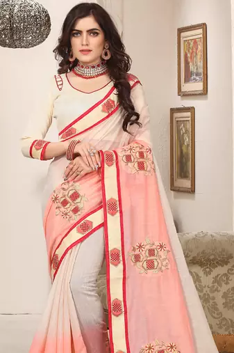 Peach cream zari resham embroidered work cotton silk saree for women