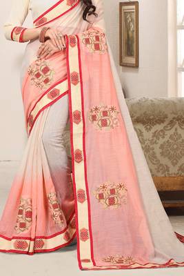 Peach cream zari resham embroidered work cotton silk saree for women 4