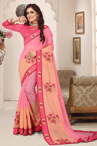 Pink zari resham embroidered work cotton silk saree for women