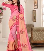 Pink zari resham embroidered work cotton silk saree for women