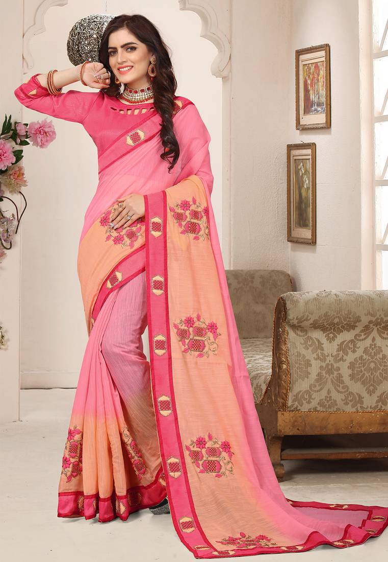 Pink zari resham embroidered work cotton silk saree for women