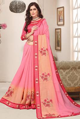 Pink zari resham embroidered work cotton silk saree for women 2