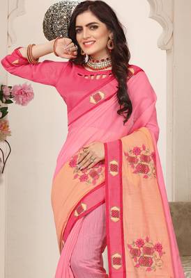 Pink zari resham embroidered work cotton silk saree for women 3