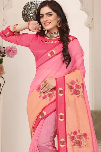 Pink zari resham embroidered work cotton silk saree for women