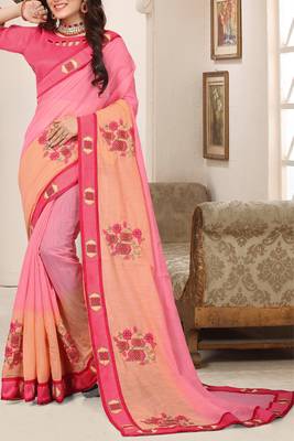 Pink zari resham embroidered work cotton silk saree for women 4