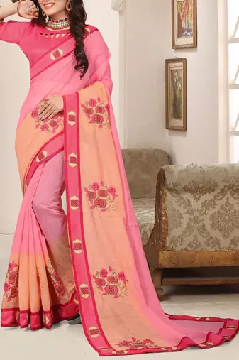 Pink zari resham embroidered work cotton silk saree for women