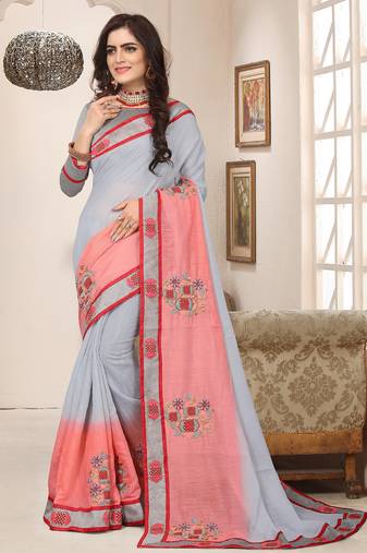 Grey pink zari resham embroidered work cotton silk saree for women