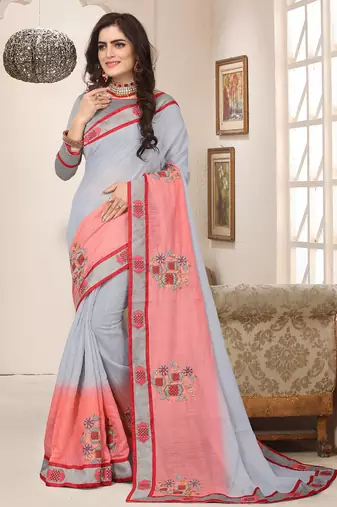 Grey pink zari resham embroidered work cotton silk saree for women