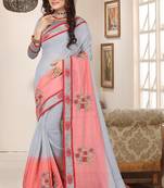 Grey pink zari resham embroidered work cotton silk saree for women