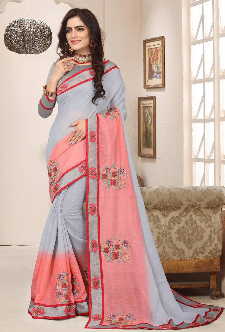 Grey pink zari resham embroidered work cotton silk saree for women