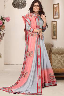 Grey pink zari resham embroidered work cotton silk saree for women 2