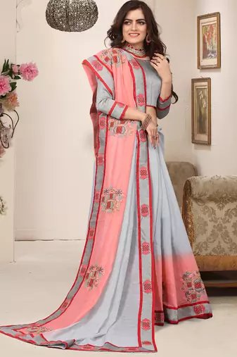 Grey pink zari resham embroidered work cotton silk saree for women