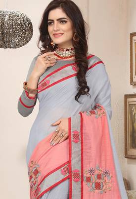 Grey pink zari resham embroidered work cotton silk saree for women 3