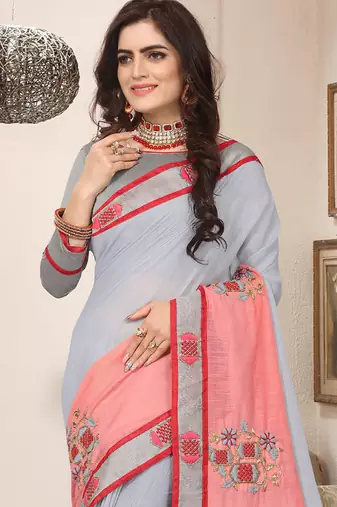 Grey pink zari resham embroidered work cotton silk saree for women