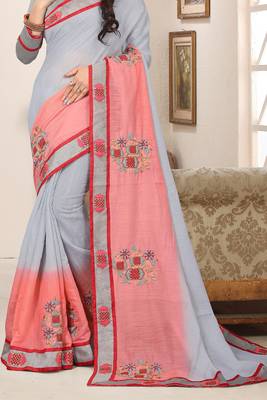 Grey pink zari resham embroidered work cotton silk saree for women 4