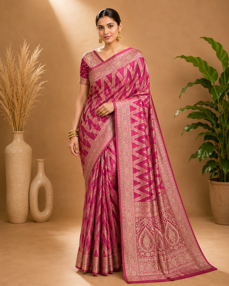 Magenta Woven Golden Zari Chevron Pattern Design Fabric Pure Soft Chinon/Georgette Saree With Blouse Unstitched