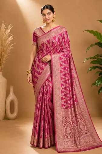 Magenta Woven Golden Zari Chevron Pattern Design Fabric Pure Soft Chinon/Georgette Saree With Blouse Unstitched