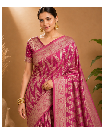 Magenta Woven Golden Zari Chevron Pattern Design Fabric Pure Soft Chinon/Georgette Saree With Blouse Unstitched 2