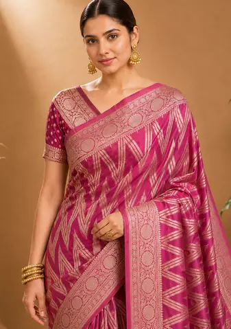 Magenta Woven Golden Zari Chevron Pattern Design Fabric Pure Soft Chinon/Georgette Saree With Blouse Unstitched