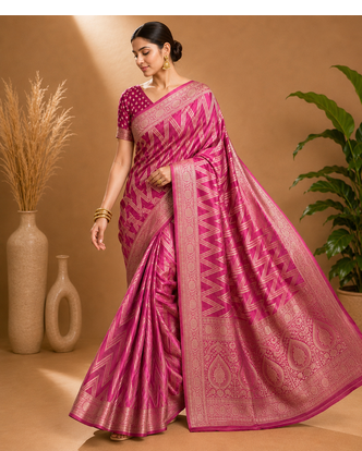 Magenta Woven Golden Zari Chevron Pattern Design Fabric Pure Soft Chinon/Georgette Saree With Blouse Unstitched 3