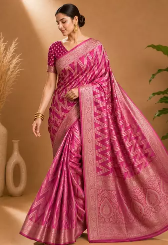 Magenta Woven Golden Zari Chevron Pattern Design Fabric Pure Soft Chinon/Georgette Saree With Blouse Unstitched