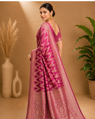 Magenta Woven Golden Zari Chevron Pattern Design Fabric Pure Soft Chinon/Georgette Saree With Blouse Unstitched 4