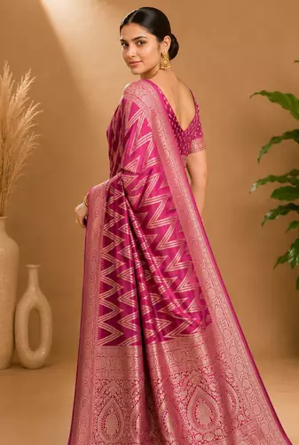 Magenta Woven Golden Zari Chevron Pattern Design Fabric Pure Soft Chinon/Georgette Saree With Blouse Unstitched