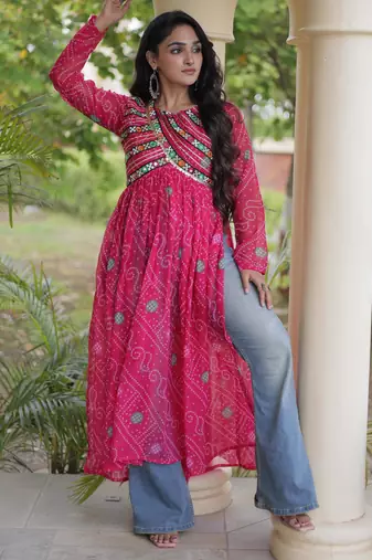 Pink faux georgette bandhni print with kutchi patche work navratri kurti