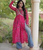 Pink faux georgette bandhni print with kutchi patche work navratri kurti