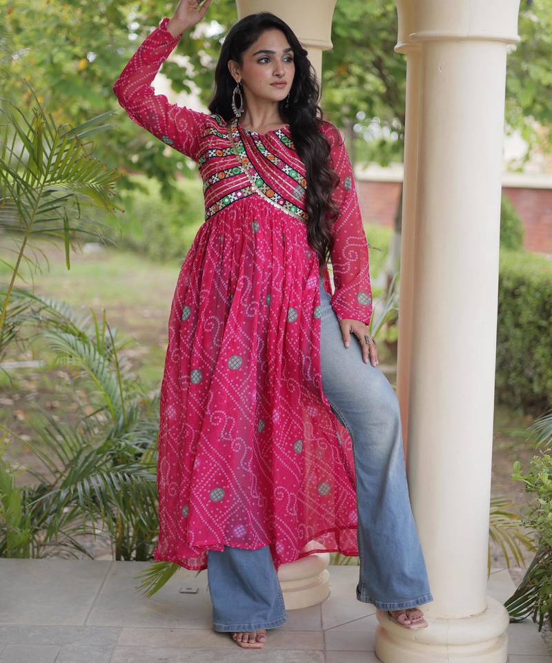 Pink faux georgette bandhni print with kutchi patche work navratri kurti
