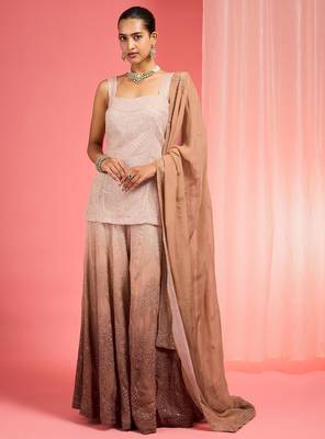 Brown ombre resham work organza sharara set 1
