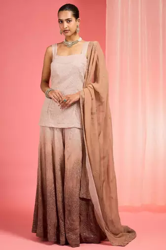 Brown ombre resham work organza sharara set