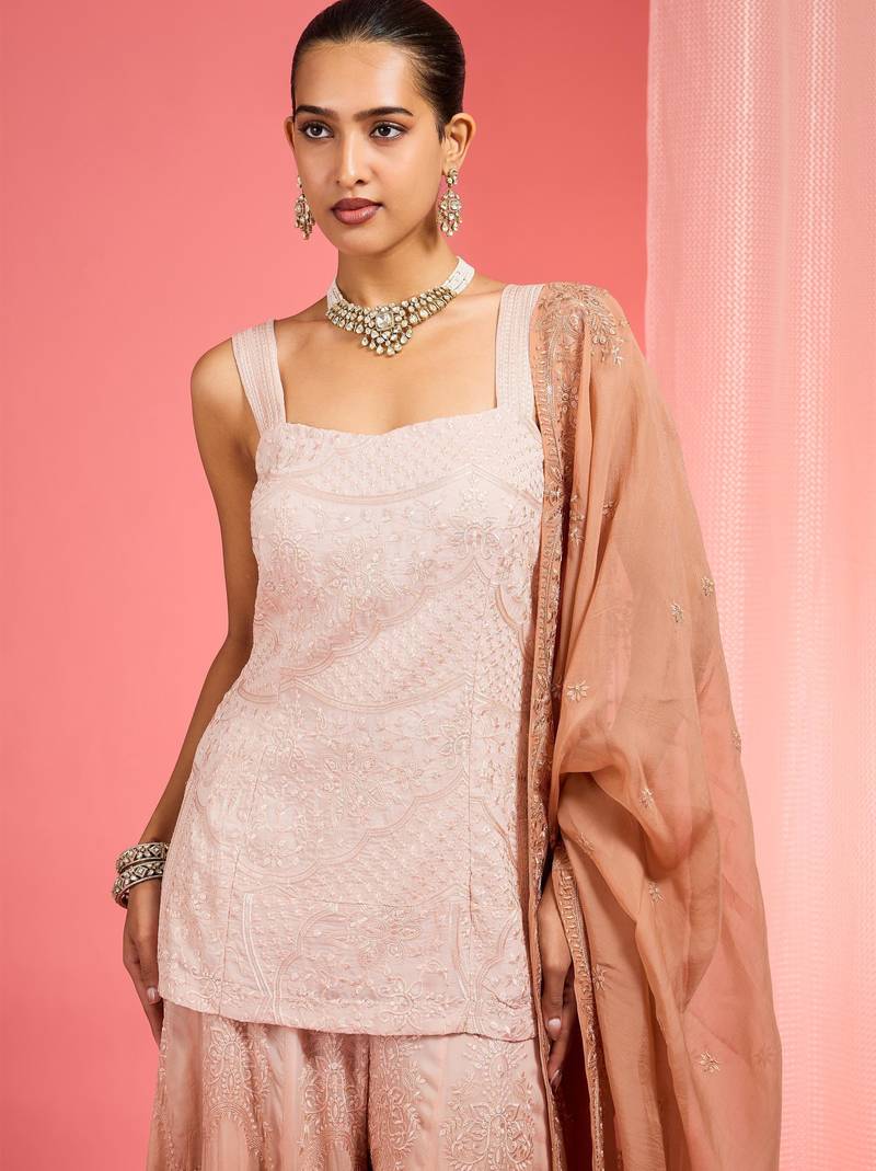 Brown ombre resham work organza sharara set
