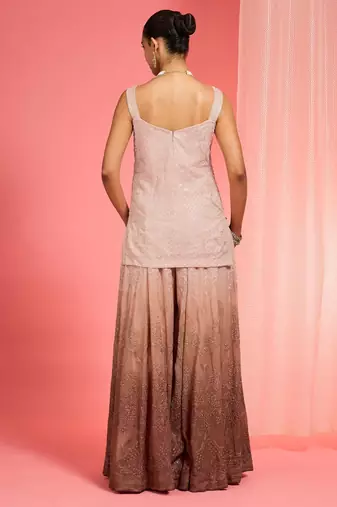 Brown ombre resham work organza sharara set