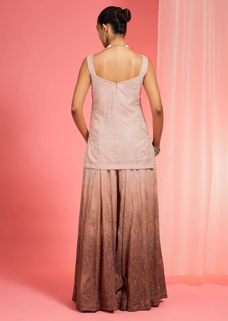 Brown ombre resham work organza sharara set
