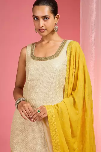 Yellow ombre resham work georgette sharara set