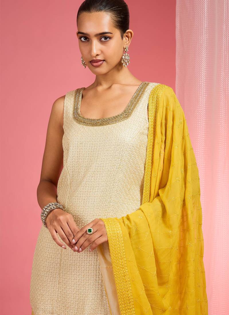 Yellow ombre resham work georgette sharara set