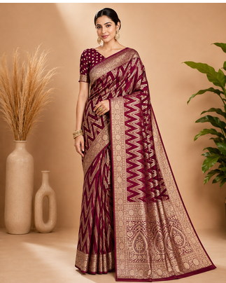 Wine Woven Golden Zari Chevron Pattern Design Fabric Pure Soft Chinon/Georgette Saree With Blouse Unstitched 1
