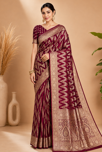 Wine Woven Golden Zari Chevron Pattern Design Fabric Pure Soft Chinon/Georgette Saree With Blouse Unstitched