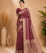 Wine Woven Golden Zari Chevron Pattern Design Fabric Pure Soft Chinon/Georgette Saree With Blouse Unstitched