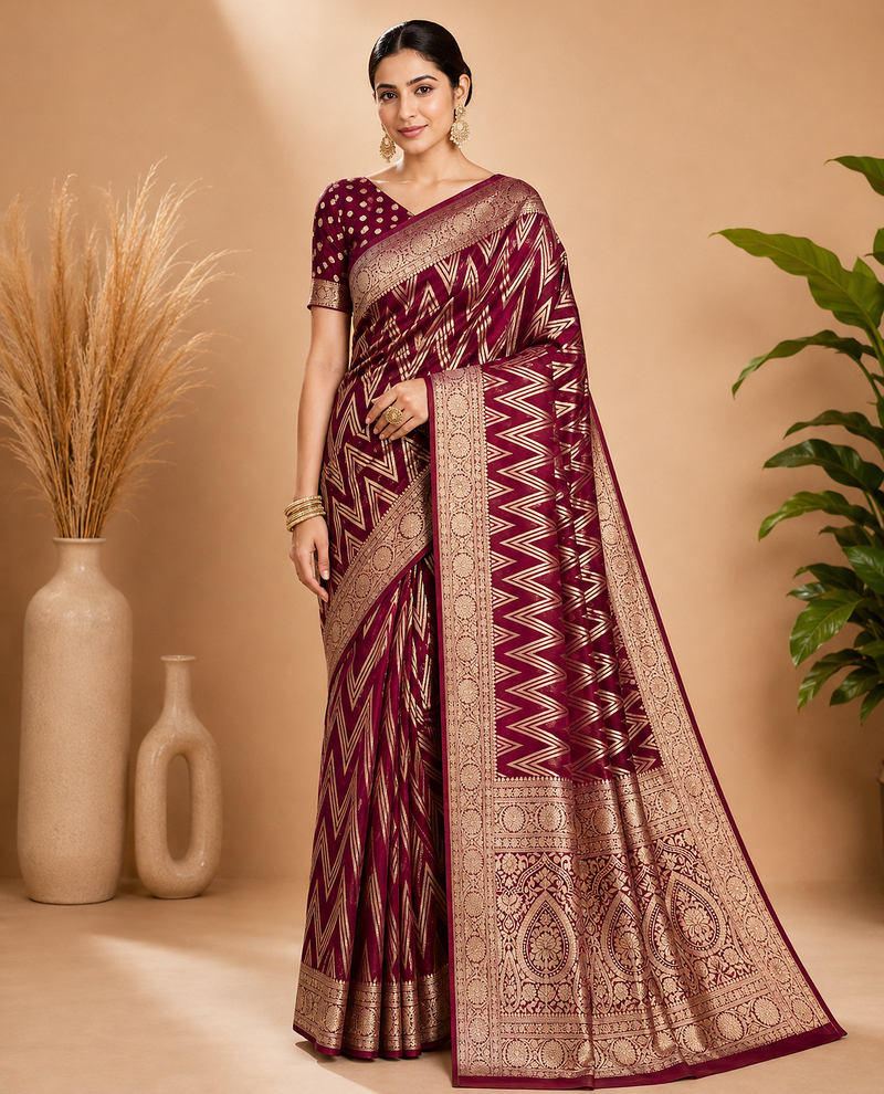 Wine Woven Golden Zari Chevron Pattern Design Fabric Pure Soft Chinon/Georgette Saree With Blouse Unstitched
