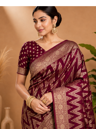 Wine Woven Golden Zari Chevron Pattern Design Fabric Pure Soft Chinon/Georgette Saree With Blouse Unstitched 2