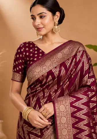 Wine Woven Golden Zari Chevron Pattern Design Fabric Pure Soft Chinon/Georgette Saree With Blouse Unstitched