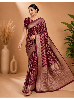 Wine Woven Golden Zari Chevron Pattern Design Fabric Pure Soft Chinon/Georgette Saree With Blouse Unstitched 3
