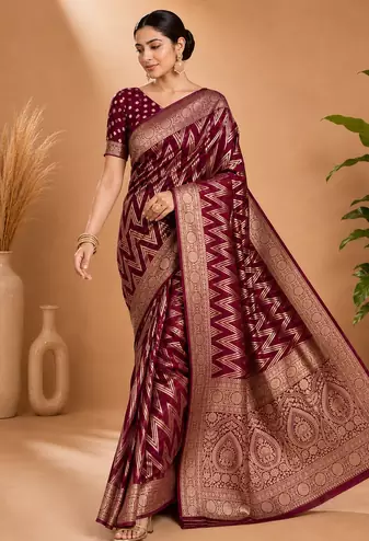 Wine Woven Golden Zari Chevron Pattern Design Fabric Pure Soft Chinon/Georgette Saree With Blouse Unstitched