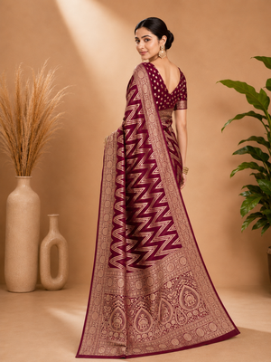 Wine Woven Golden Zari Chevron Pattern Design Fabric Pure Soft Chinon/Georgette Saree With Blouse Unstitched 4
